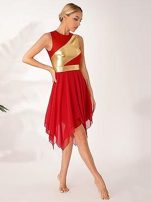 iiniim Women's Color Block Sleeveless Lyrical Dance Costume Asymmetrical Hem  Liturgical Praise Dress Size S-3XL Red S 