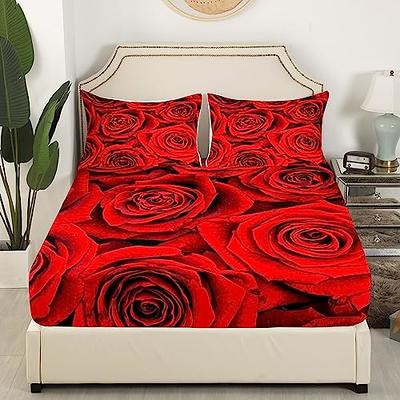 Valentine's Day Sheet Set Queen 4Pcs, Red Rose Bed Sheets Set, Romantic  Rose Floral Sheets, 3D