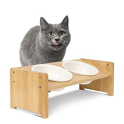 Elevated Ceramic Anti Vomiting Cat Food & Water Bowls + Wood Stand