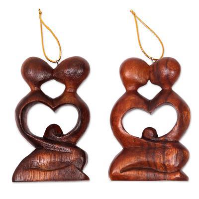 Mango Wood Heart Ornaments from India (Set of 4), 'Zigzag Hearts