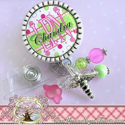 floral name badge reel for nurse, PCT, LVN, PA