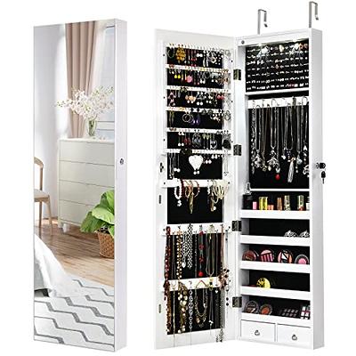 LVSOMT Hanging/Over the Door Mirror Jewelry Cabinet with LED Lights,  Lockable Jewelry Armoire Organizer, Mirror with Jewelry Storage, White