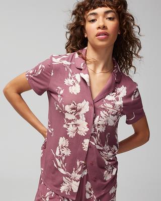Women's Cool Nights Short-Sleeve Collared Pajama Top in Dark Purple size XS