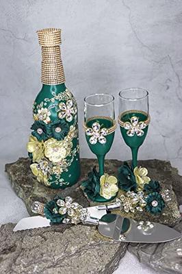 Emerald Green and Gold Hand Painted Champagne Glasses, Wine Glasses, Set of  2 