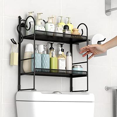 Over The Toilet Storage Shelf, 2-Tier Bathroom Organizer Over Toilet,  Folding Bathroom Space Saver with Toilet Paper Holder and Hooks(Black)