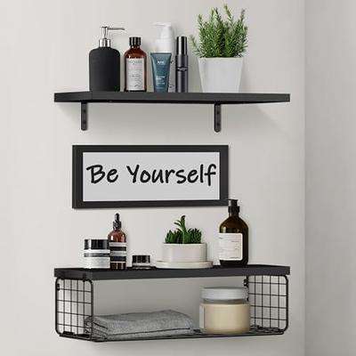 Wood Wall Mounted Floating Shelves Set of 3, UNTIMATY Bathroom Shelves with  Storage Basket, Storage Shelves for Bathroom Bedroom Kitchen Living Room,  Black 