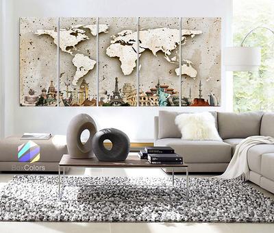 Framed 1 5 Depth Xlarge 30x 70 5 Panels Art Canvas Print Original Wonders Of The World Wall Texture Map Travel Wall Decor Home Interior Giclee Art Collectibles Safarni Org