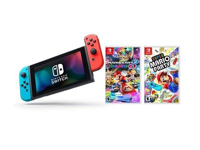 Nintendo Switch Mario Party Bundle: Super Mario Party, Mario Kart 8 Deluxe  and Nintendo Switch 32GB Console with Neon Red and Blue Joy-Con - Yahoo  Shopping