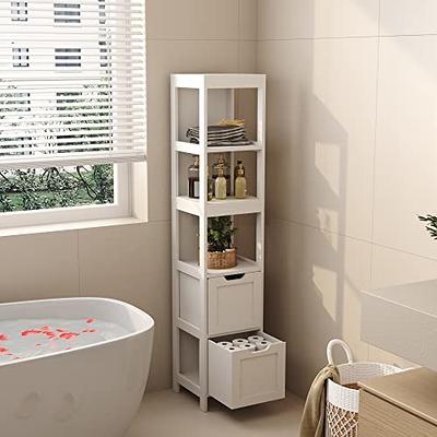 HOMCOM Tall Bathroom Storage Cabinet, Freestanding Linen Tower with 2-Tier  Shelf and 2 Cupboards, Narrow Side Floor Organizer, White
