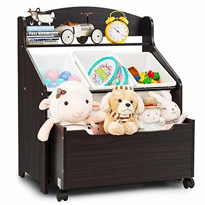 Costway Kids Wooden Toy Storage Unit Organizer w/Rolling Toy Box & Plastic  Bins Espresso