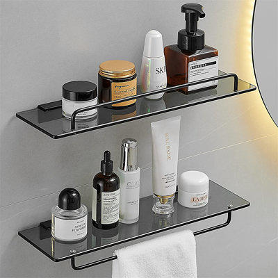 Bathroom Wall Shelf 15.7 In Black Glass Bathroom Shelf With 4 Removable  Hooks Silver Floating Shelves Tempered Glass Shelves Wall Mounted(2 Tier) -  Yahoo Shopping