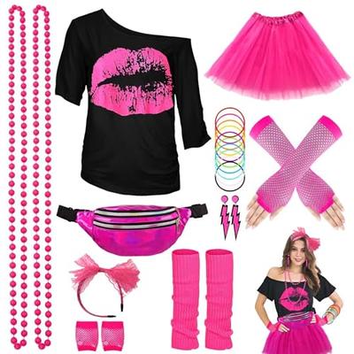 Z-Shop 80s Costumes Outfit Accessories for Women - 1980s Shirts Clothes,Leg  Warmers,Rocker Wigs,Madonna Tutu for Halloween (Small, Hot Pink)