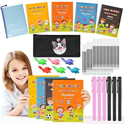 5 PC Grooved Handwriting Practice for Kids,Repeatedly Magic Calligraphy Book Set,Groovd Kids Writing Books with Pens & Aid Pen Grips (5 Books+Pens)