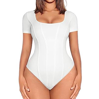 Bodysuit Shirts for Women Tummy Shapewear Control Square Collar Short  Sleeve Thong Body Suits Tops,White-S