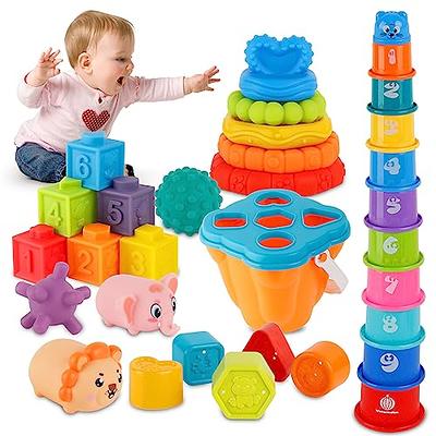 Springflower 3 in 1 Montessori Toys for Babies 0-3-6-12 Months, Soft Baby  Teething Toys, Stacking Building Blocks for Infants, Sensory Developmental