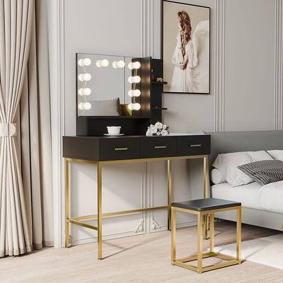 Makeup Vanity Table with Stool Set, Bedroom Vanity with Lighted Mirror, Drawers and Shelves - Yahoo Shopping