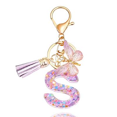 LAXPICOL Purple Letter AZ Keychain for Women Purse Handbags Resin Alphabet  Initial Letter Pendant with Tassel Glass Ball