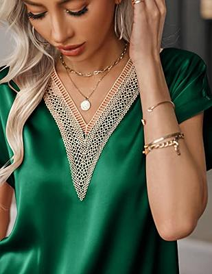 Chigant Short Sleeve Satin Blouse for Women 2023 Casual Silk Shirt V Neck  Cute Satin Tunic Top Evergreen - Yahoo Shopping