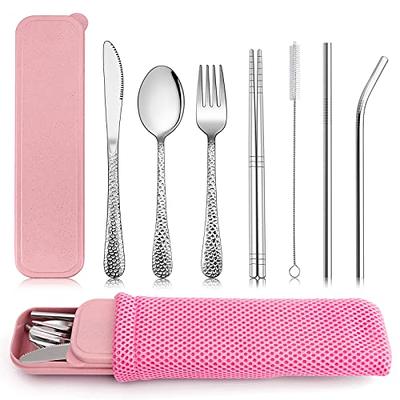 Travel Portable Utensils Set, E-far 9-Piece Small Reusable Silverware Set  with Case, Metal Hammered Camping Cutlery Flatware Set Includes, Fork,  Spoon, Knife, Chopsticks, Straws - Pink - Yahoo Shopping