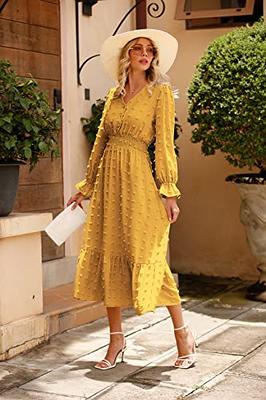 MASCOMODA Womens Dresses Winter 2024 Long Sleeve Dress Swiss Dot V Neck  Smocked Party Wedding Guest Flowy Tiered Maxi Dress(X-Large,Turmeric) -  Yahoo Shopping