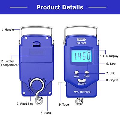 Dr.meter Fish scale, Backlit LCD Display 110lb/50kg PS01 Fishing Scale with  Measuring Tape, Electronic Balance Digital Fishing Postal Hanging Hook  Scale with 2 AAA Batteries-Fishing Gifts for Men,Blue - Yahoo Shopping
