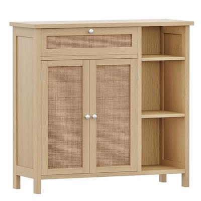 Rovaurx Tall Bathroom Floor Cabinet with Glass Doors, Narrow FreeStanding  Storage Cabinet with Adjustable Shelf, Wooden Bathroom Storage Cabinet