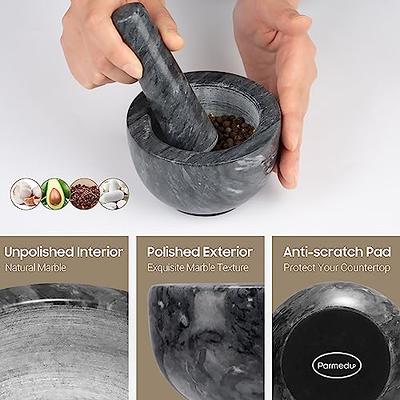 Mortar and Pestle Set with Wood Base, Polished Non Scratch Marble Granite  Grinder Bowl, Black 