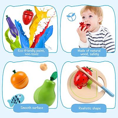 Wooden Cutting Fruit Vegetables Set for Kids - Pretend Play Food Toy Set  with Wooden Knife and Tray Learning Toys for Toddlers (Fruit-E)