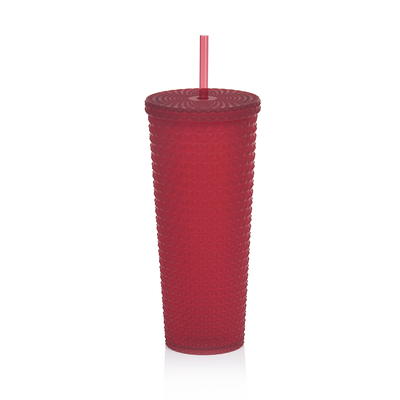 Mainstays 26 oz Double Wall Plastic Tinted Tumbler with Straw, Orange 