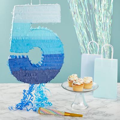 Blue Number 1 Pull String Pinata for Boys 1st Birthday Party (Ombre, 16.5 x 11 x 3 in)