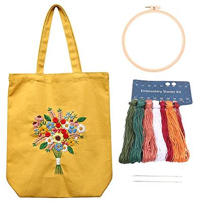 DIY Flower Embroidery Bag Kit for Beginners, Canvas Tote