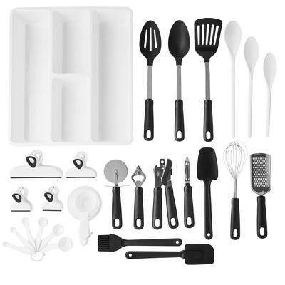 Mainstays 30-Piece Kitchen Gadget Set with Cooking Utensils, Measuring Cups,  Clips, and Drawer Organizer, Black/White - Yahoo Shopping