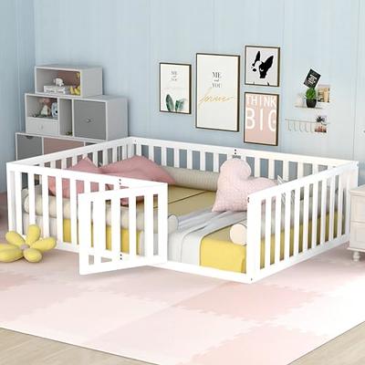 Cuoote Toddler Floor Bed, Montessori Bed with Wood Slats, Suit Toddler Beds  for Toddlers for Girls and Boys, with Fence and Door Twin Size Floor Bed  (White) 