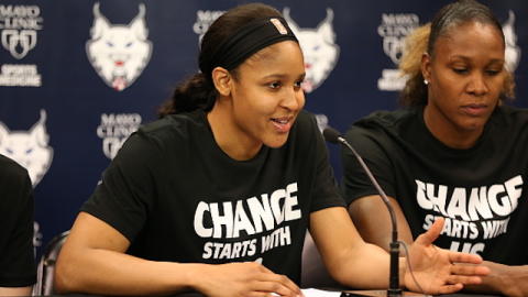 Maya Moore and her Minnesota Lynx teammates sported T-shirts in support of the Black Lives Matter movement on Saturday night. (David Sherman/Getty Images)