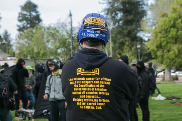 PHOTO: An Oathkeeper stands before a group of anti-fascists during a free speech rally at Martin Luther King Jr. Civic Center Park in Berkeley, April 15, 2017. (Emily Molli/NurPhoto via Getty Images)