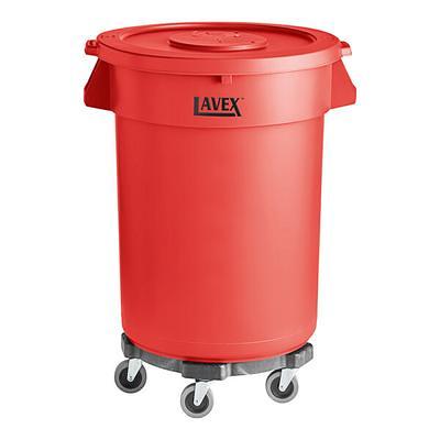 Lavex 32 Gallon Brown Round Commercial Trash Can with Lid and Dolly