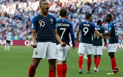 France's Kylian Mbappe celebrates after scoring his side's third goal during the round of 16 match between France and Argentina, at the 2018 soccer World Cup at the Kazan Arena in Kazan, Russia, Saturday, June 30, 2018 - Credit: AP