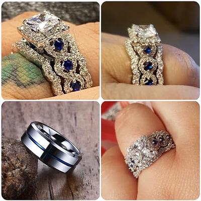 3 Pcs Couple Womens Princess Cut CZ Silver Stainless Steel Wedding Ring Set with Mens Matching Band 5 / 9