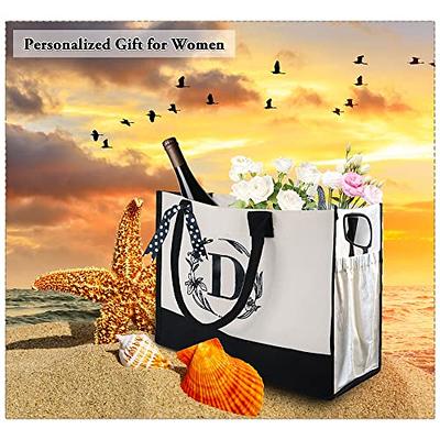 BeeGreen Personalized Birthday Gifts for Women w Inner and Side  Pouch Monogram Tote Bag w Zipper and Adjustable Shoulder Strap Embroidery  Initial Tote Bag w 13oz Canvas Beach Bag for