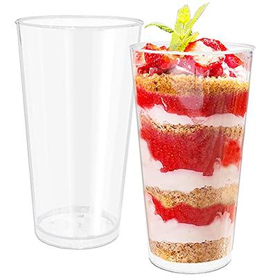 Dlux 100 x 3 oz Mini Dessert Cups with Spoons, Shooter - Clear Plastic Parfait Appetizer Cup - Small Reusable Shooter Glass for Tasting Party