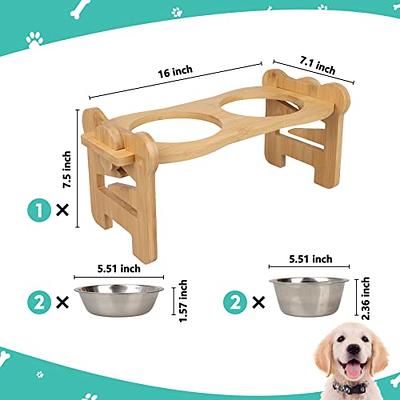 Elevated Wooden Dog Bowl Stand With 2 Stainless Steel Dog Bowls, 4