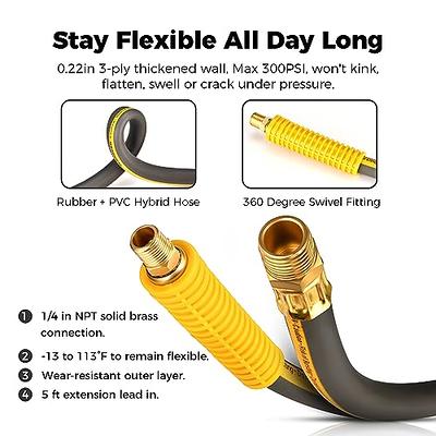 Durable Rubber Air Compressor Hose - 3/8 x 25ft, 300 PSI, Double Brass  Fittings