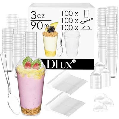 DLux 50 x 3 oz Mini Dessert Cups with Spoons, Square Tall - Clear Plas