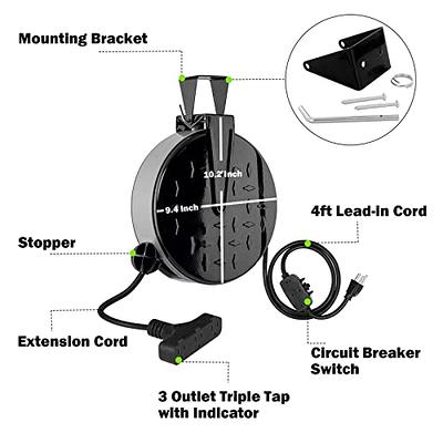 EP 30 Ft Retractable Extension Cord Reel, 16/3 SJTW Power Cord with 3  Electrical Outlets, Ceiling or Wall Mount, 10 Amp Circuit Breaker, Metal  Plate, UL Listed, Gray - Yahoo Shopping