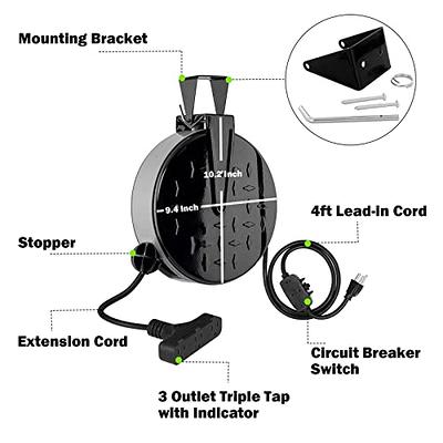 VEVOR 30ft To 65ft Retractable Extension Cord Reel Heavy Duty SJTOW Power  Cord With Lighted Triple Tap Outlet Circuit Breaker Up To 15 Amp 180°  Swivel Bracket, Suitable For Ceiling Or Wall