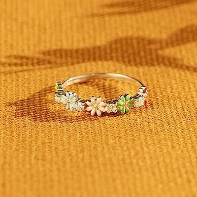 Huitan Aesthetic Women Flower Rings Silver Color Band Bright Colored Enamel  Design Finger-ring for Party