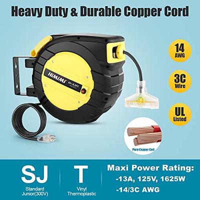 DEWENWILS 30 Ft Retractable Extension Cord Reel, Ceiling/Wall Mount 16/3  Gauge SJTW Power Cord with 3 Electrical Outlets Pigtail for Garage and  Shop