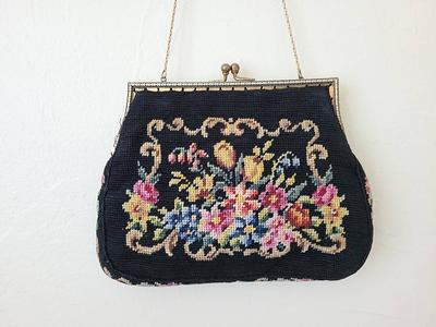 Vintage 1960s White Beaded Evening Bag - Purse with Floral Needlepoint  Design