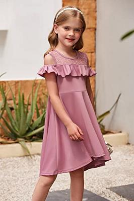 Arshiner Teens Girls Pink Sundress Ruffle Trim Cold Shoulder Girls