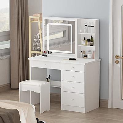 Tangkula Bedroom Makeup Vanity Dressing Table Stool Set with 3 Colors Lighted Mirror Large Storage Cabinet Drawer White